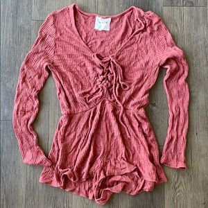 Burgundy Tie-Up Waffle Knit Romper - S